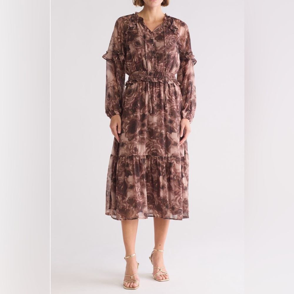 Mila Mae Floral Ruffle Chiffon Midi Dress NWT